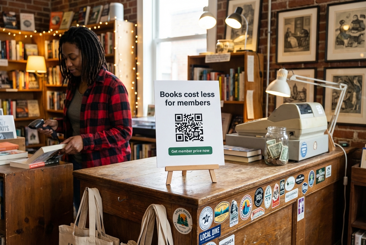 QR code membership poster facing the customer at a bookstore register counter