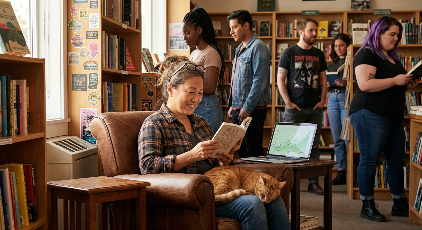 Bookstore owner relaxing while automation handles membership tasks