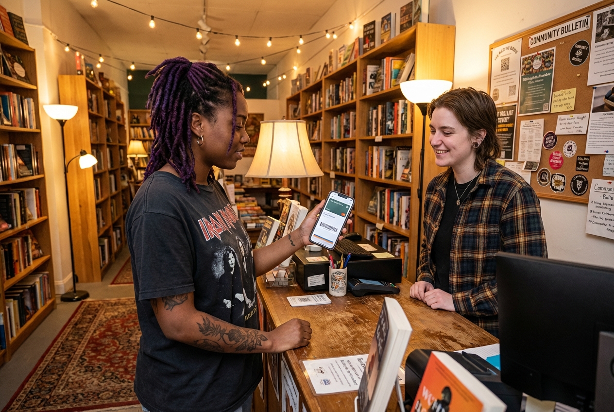Customer showing Apple Wallet membership card at a bookstore counter